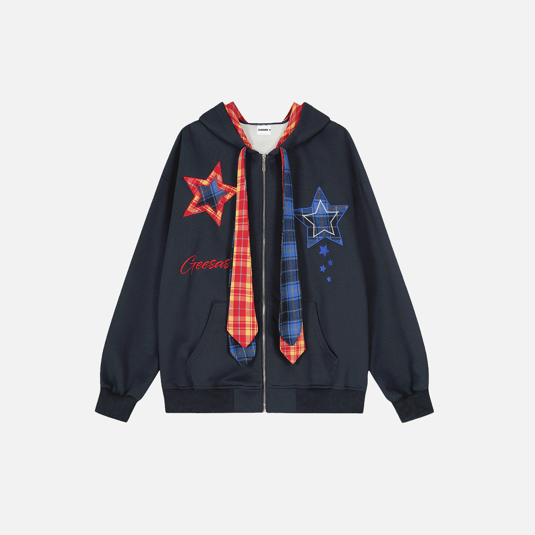 Men Embroidered Plaid Patchwork Hooded Sweatshirt - Luxuryurbanwear