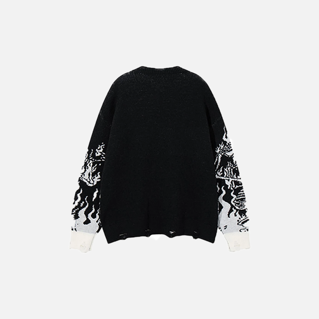 Signature Skulls Graphic Oversized Knit Ripped Sweater - Luxuryurbanwear