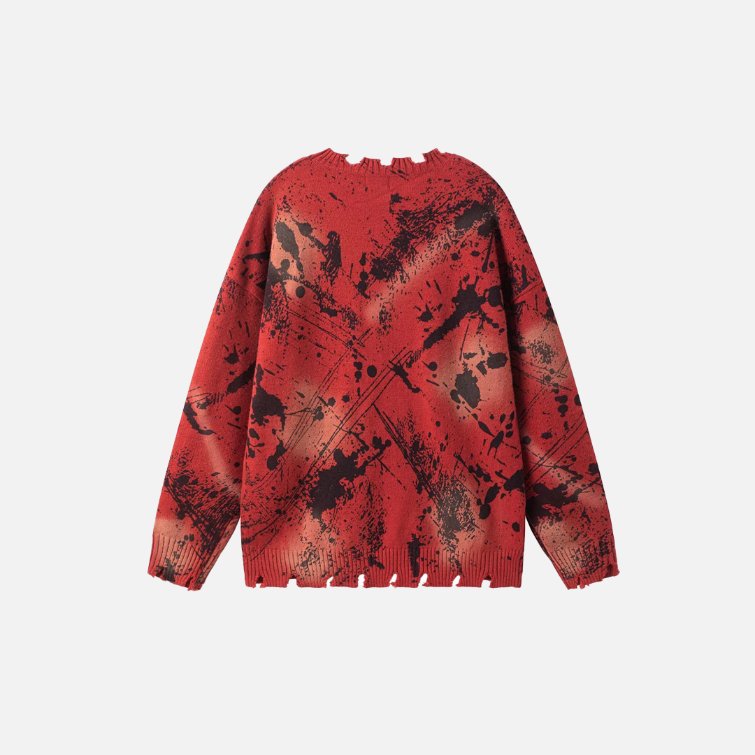 Flattering Distressed Ripped Red Ink Splashing Sweater - Luxuryurbanwear