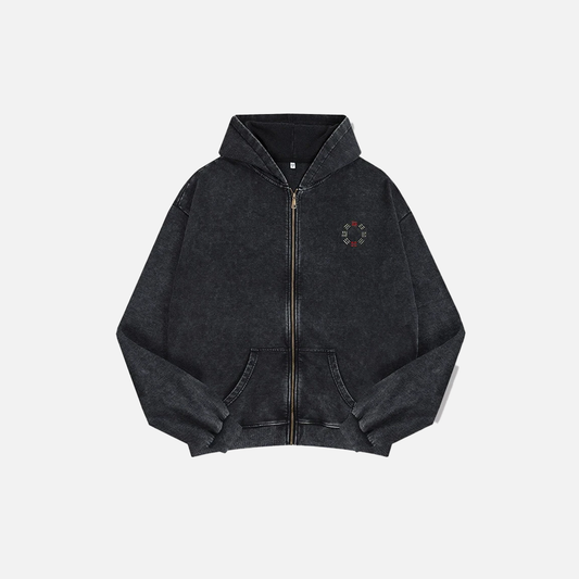 Washed Streetwear Embroidered Zip-Up Hooded Sweatshirt - Luxuryurbanwear