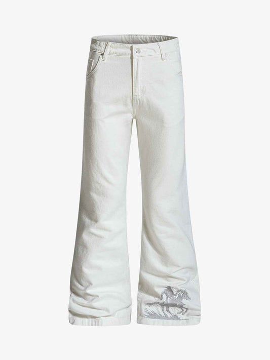 Embroidered Horse Wide Leg Denim Flare Jeans