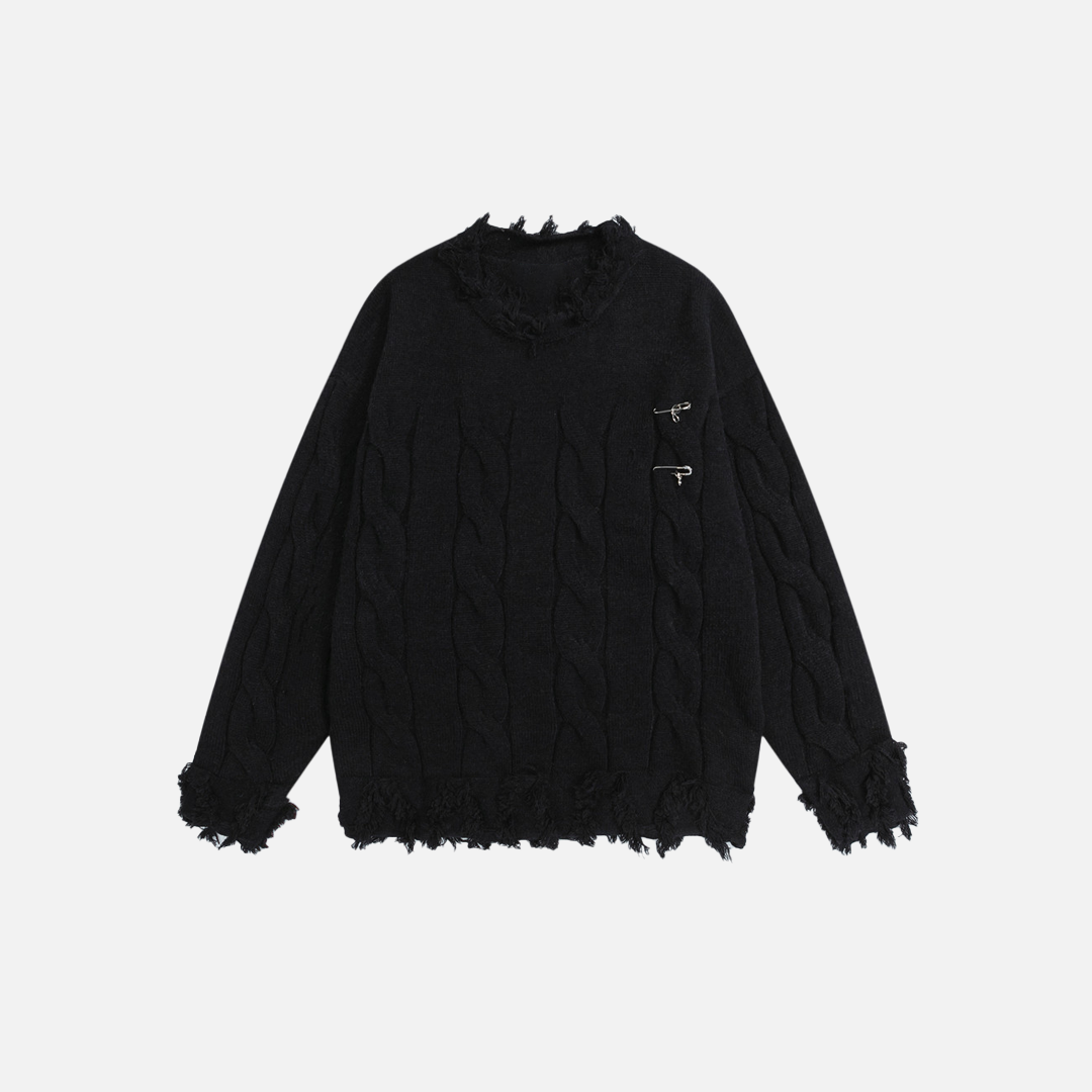 Premium Fringed with Pin Crewneck Knit Sweater - Luxuryurbanwear