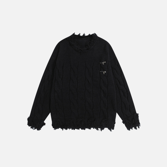 Premium Fringed with Pin Crewneck Knit Sweater - Luxuryurbanwear