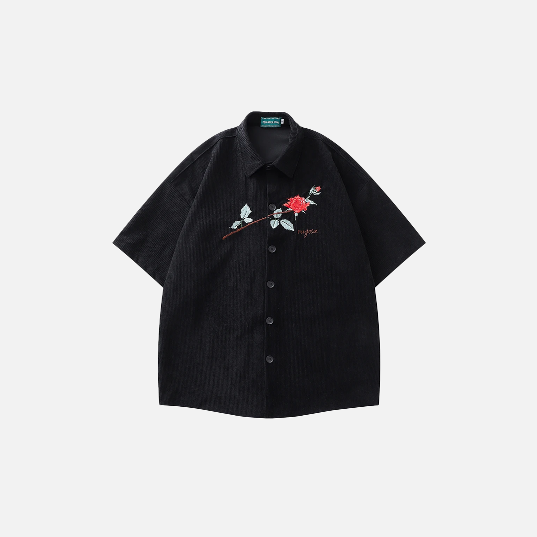 Rose Embroidery Corduroy Button-Up Short Sleeve Shirt - Luxuryurbanwear