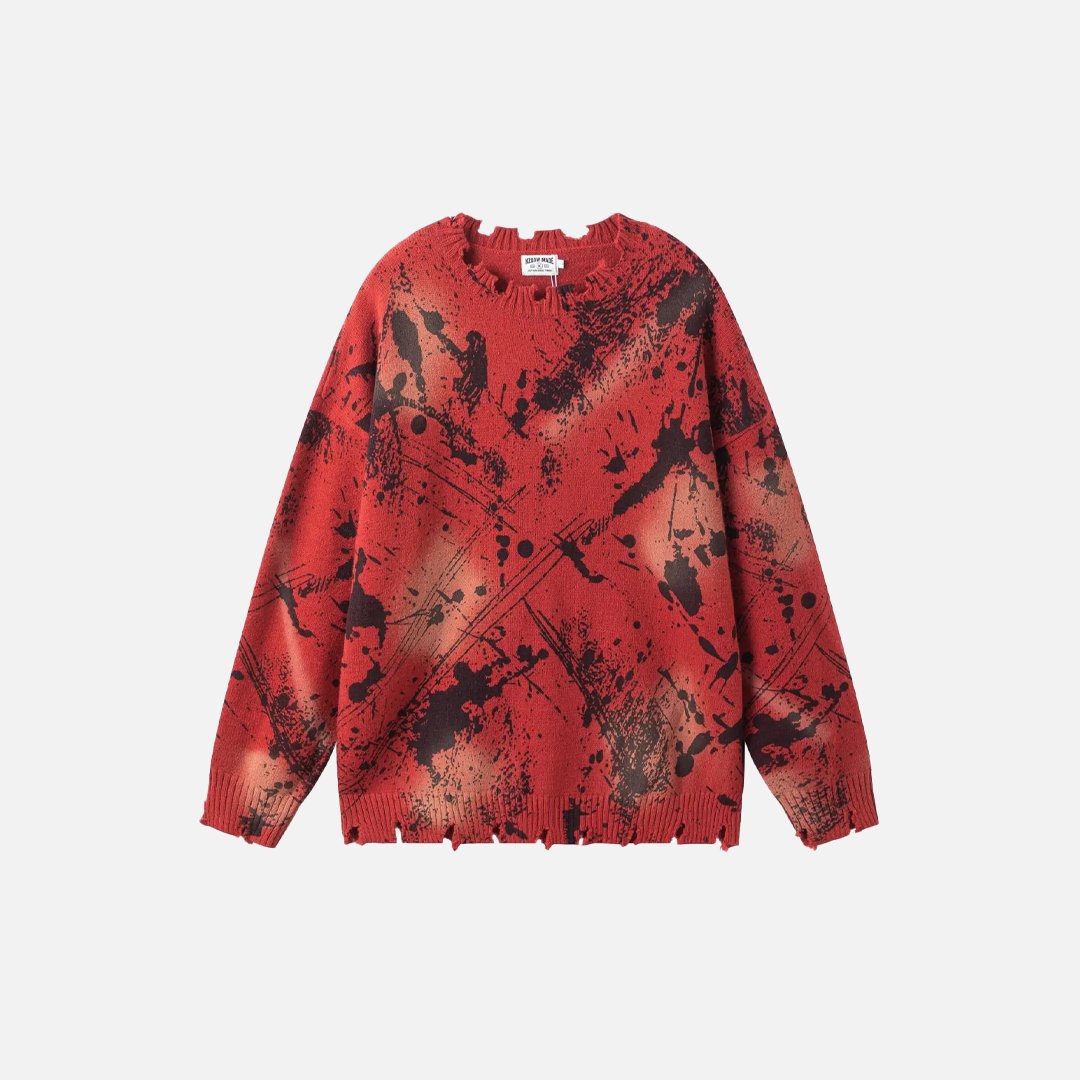 Flattering Distressed Ripped Red Ink Splashing Sweater - Luxuryurbanwear