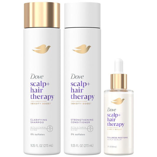 Dove Scalp + Hair Therapy Set – Clarifying Shampoo Strengthening Conditioner + Fullness Restore Scalp Serum for Volumizing & Reviving Fine Hair (3 Piece Set)