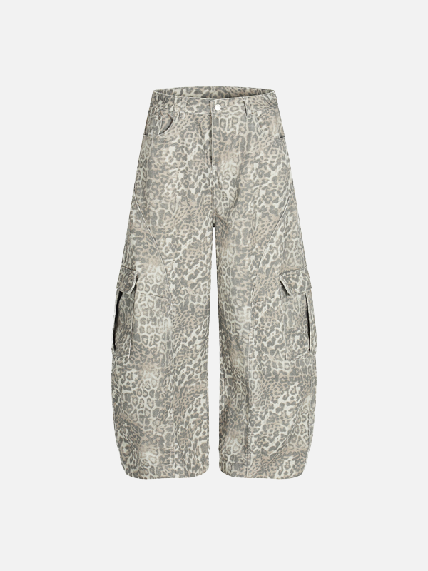 Vintage Punk Leopard Print Cargo Denim Jeans - Luxuryurbanwear