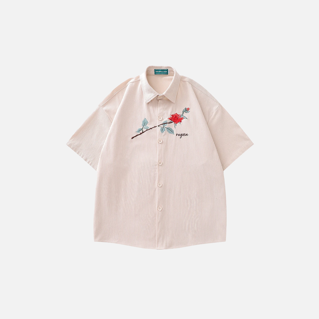 Rose Embroidery Corduroy Button-Up Short Sleeve Shirt - Luxuryurbanwear