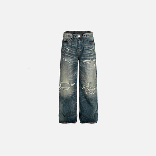 Vintage Distressed Washed Denim Wide Leg Jeans - Luxuryurbanwear