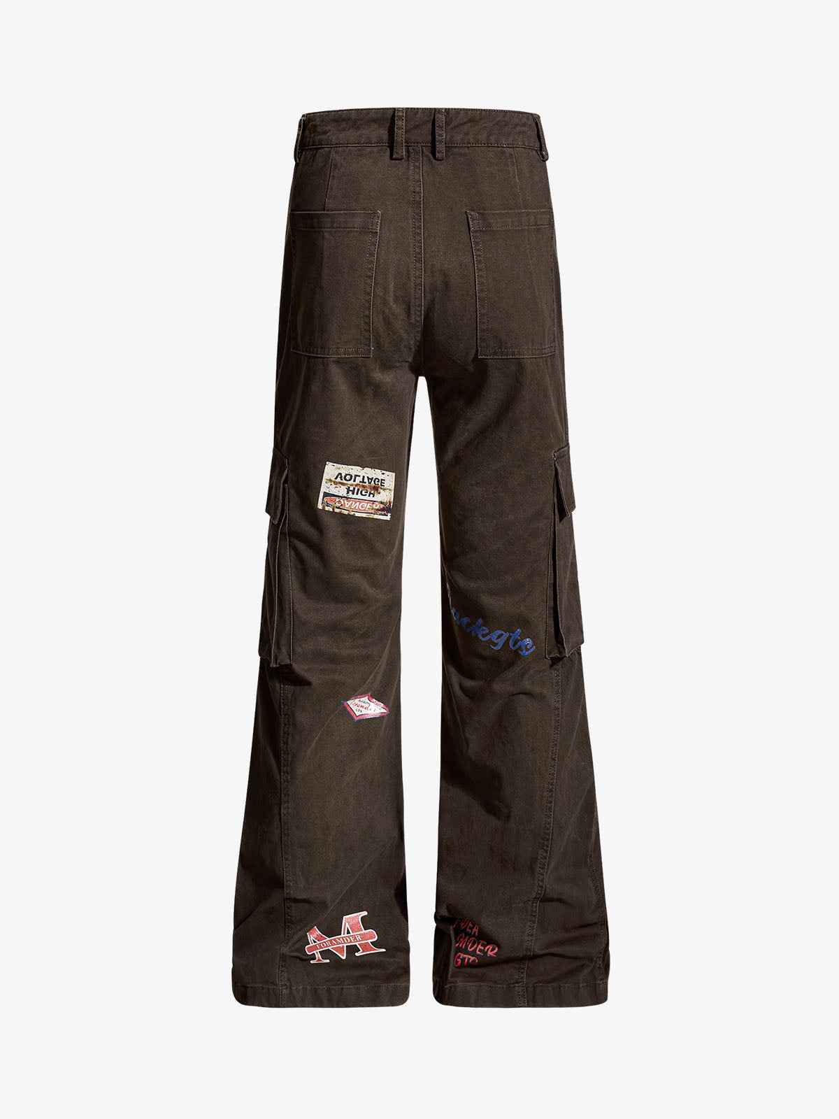 Retro Patchwork Graphic Multi-Pocket Flared Cargo Pants