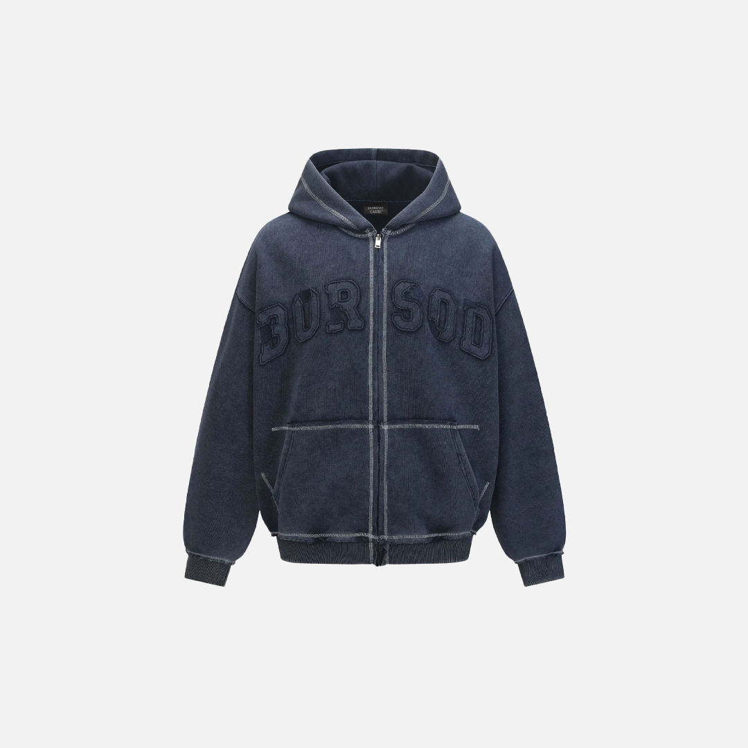 Washed Plush Embroidered Zip-Up Hooded Sweatshirt - Luxuryurbanwear