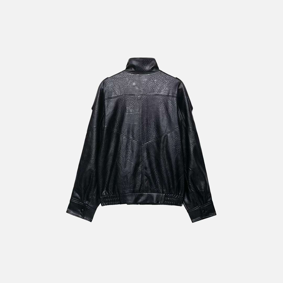 Versatile Plush Black PU Leather Zipper Jacket - Luxuryurbanwear