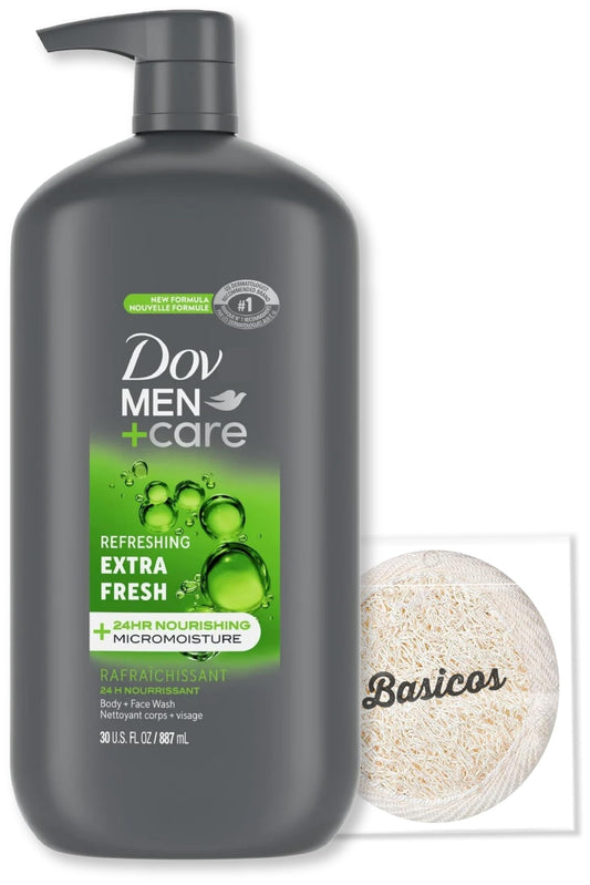 MEN Extra Fresh Body Wash for Men Compatible with Dove - 30oz Pump Bottle | Cleanses & Nourishes Skin Fights Bacteria | Includes 1 Basicos Loofah Sponge Pad