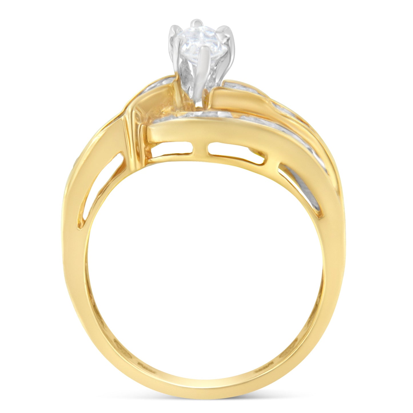 14KT Two-Toned Gold Marquise, Baguette and Round Cut Diamond Bypass Ring (1 cttw, H-I Color, SI1-SI2 Clarity) (Size 7)