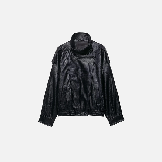 Versatile Plush Black PU Leather Zipper Jacket - Luxuryurbanwear