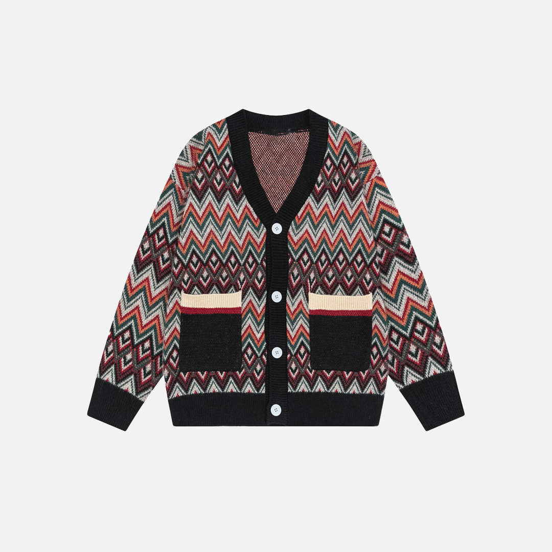 Ethnic Jacquard Knitted V-Neck Cardigan - Luxuryurbanwear