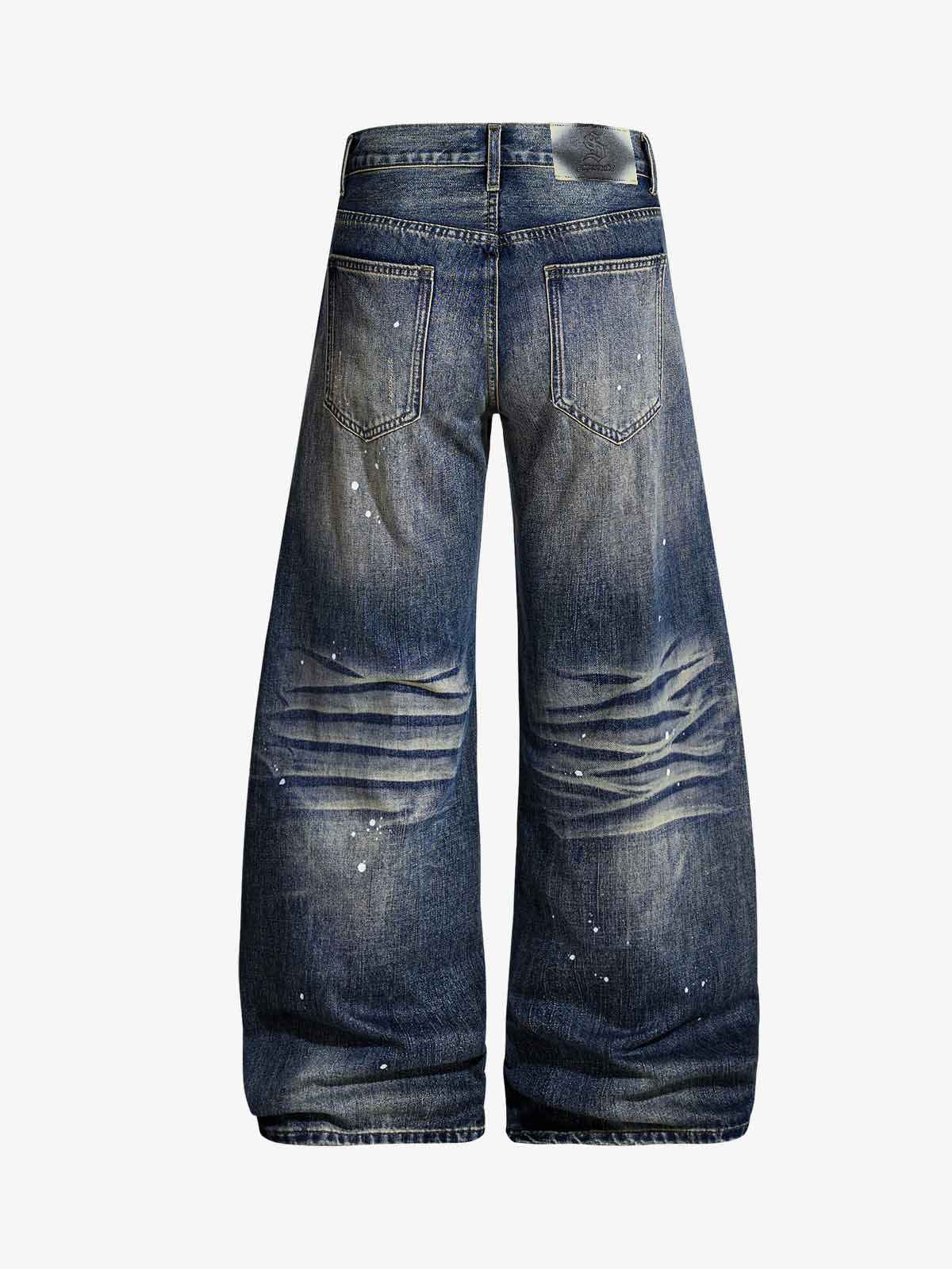 Washed Paint-Splatter Pleated Barrel Jeans