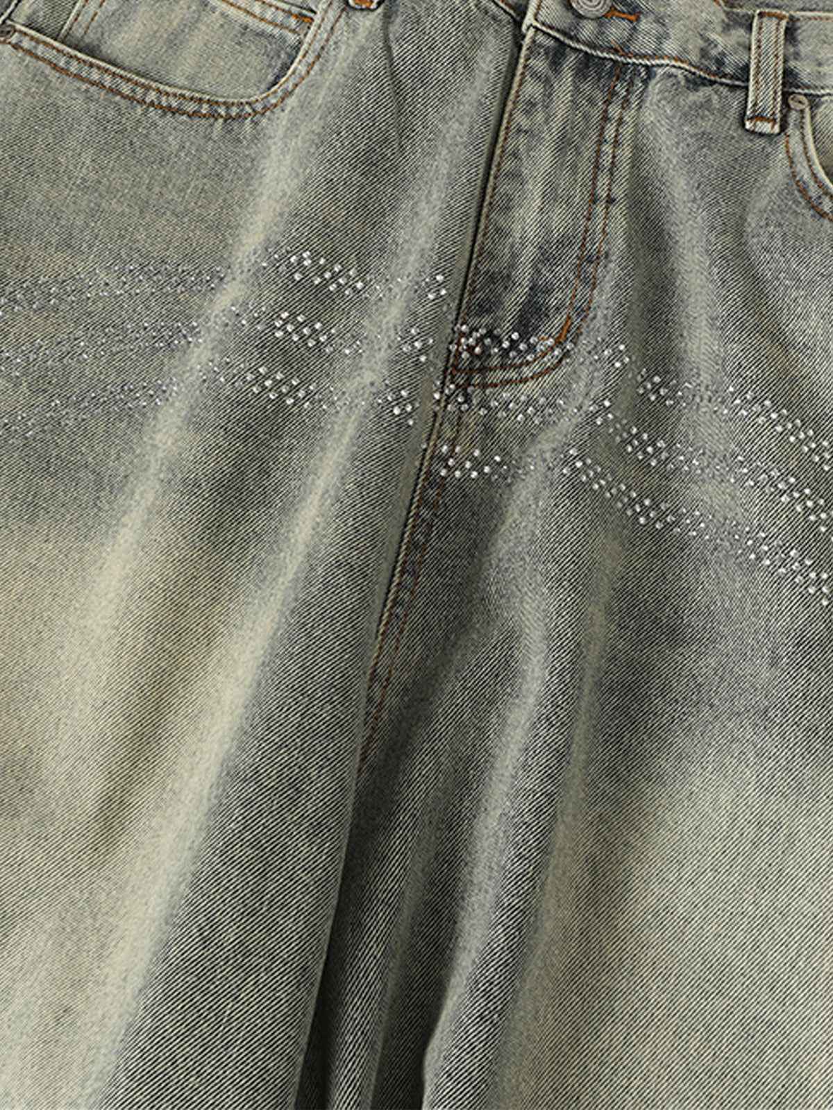Retro Denim Rhinestone Striped Baggy Jeans