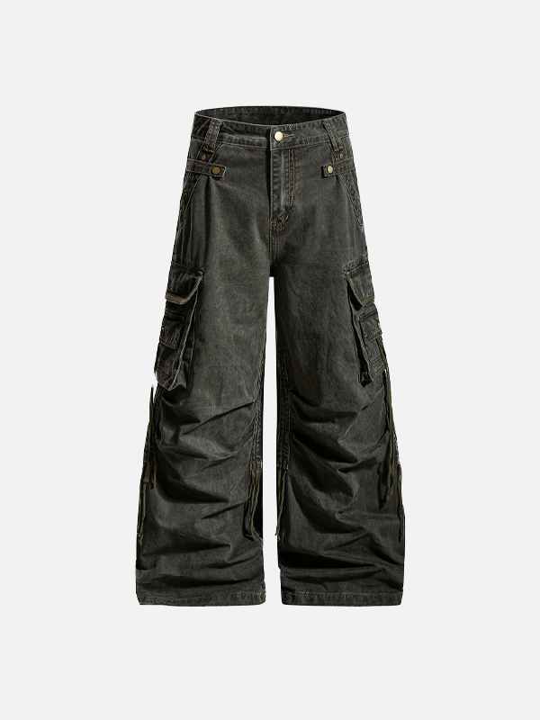 Streetwear Pleated Design Wide Leg Denim Jeans - Luxuryurbanwear