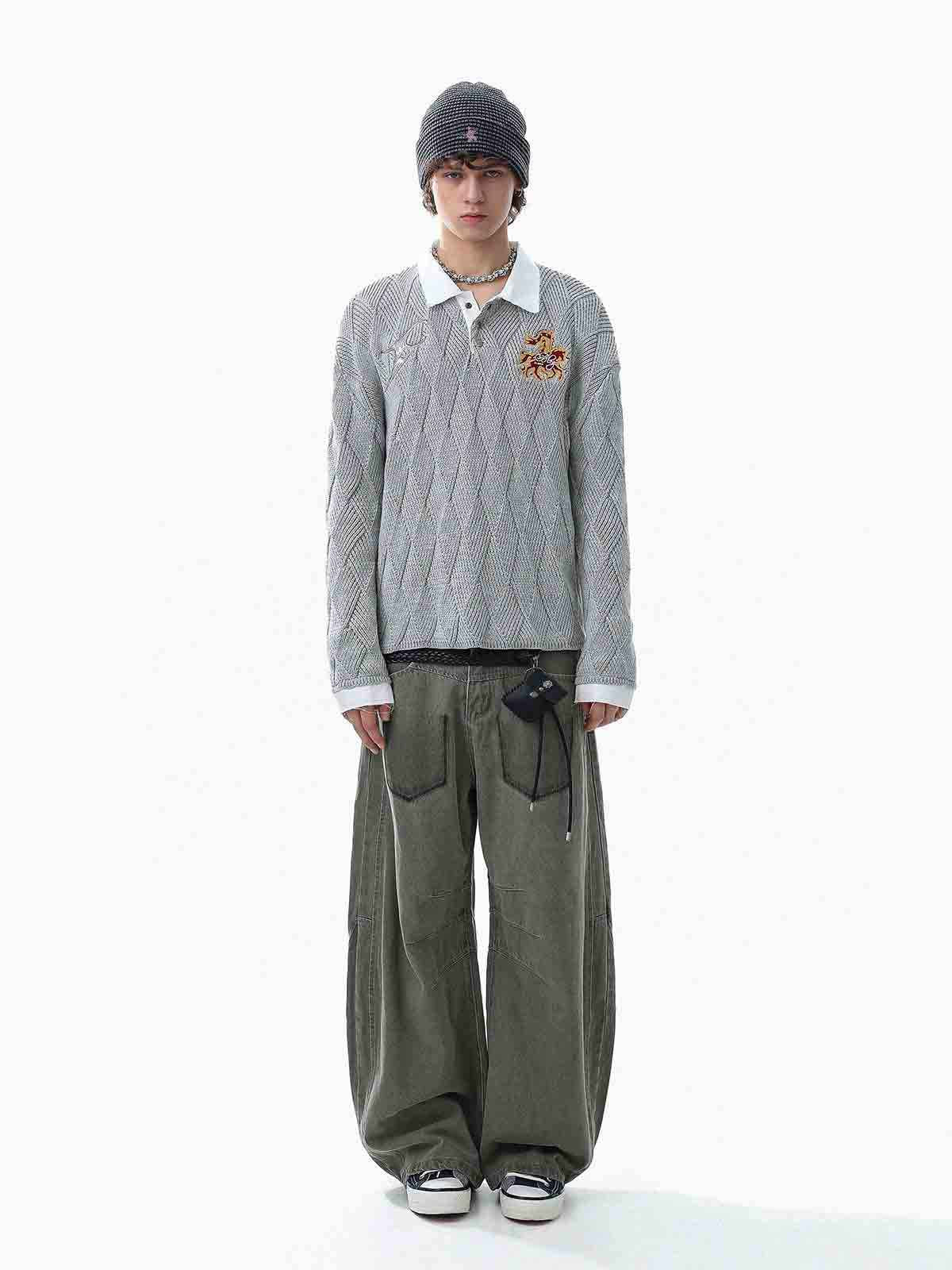 Retro Contrast Collar Embroidery Knit Sweater