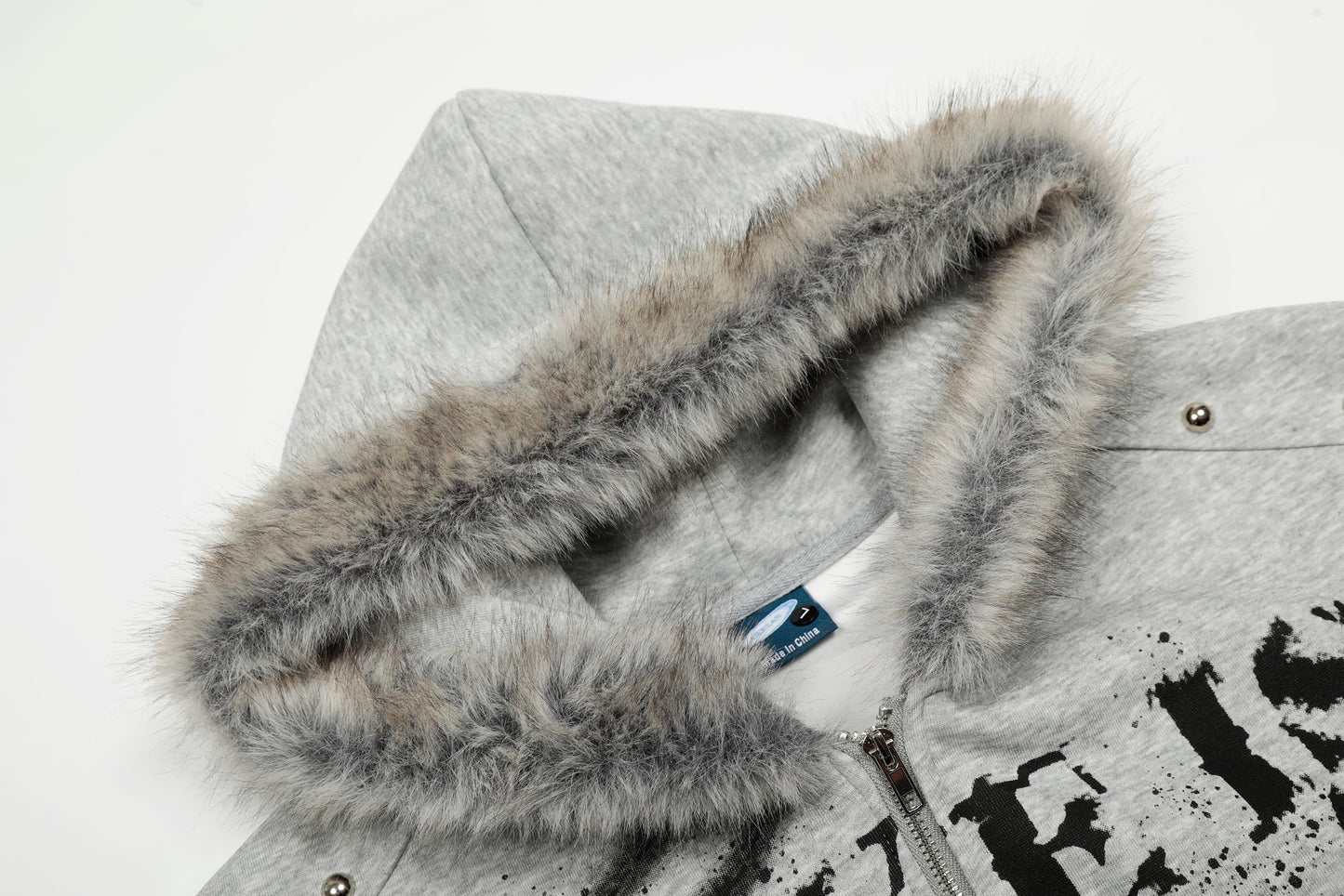 Graffiti Print Faux Fur | Zip Up Hoodie - Luxuryurbanwear