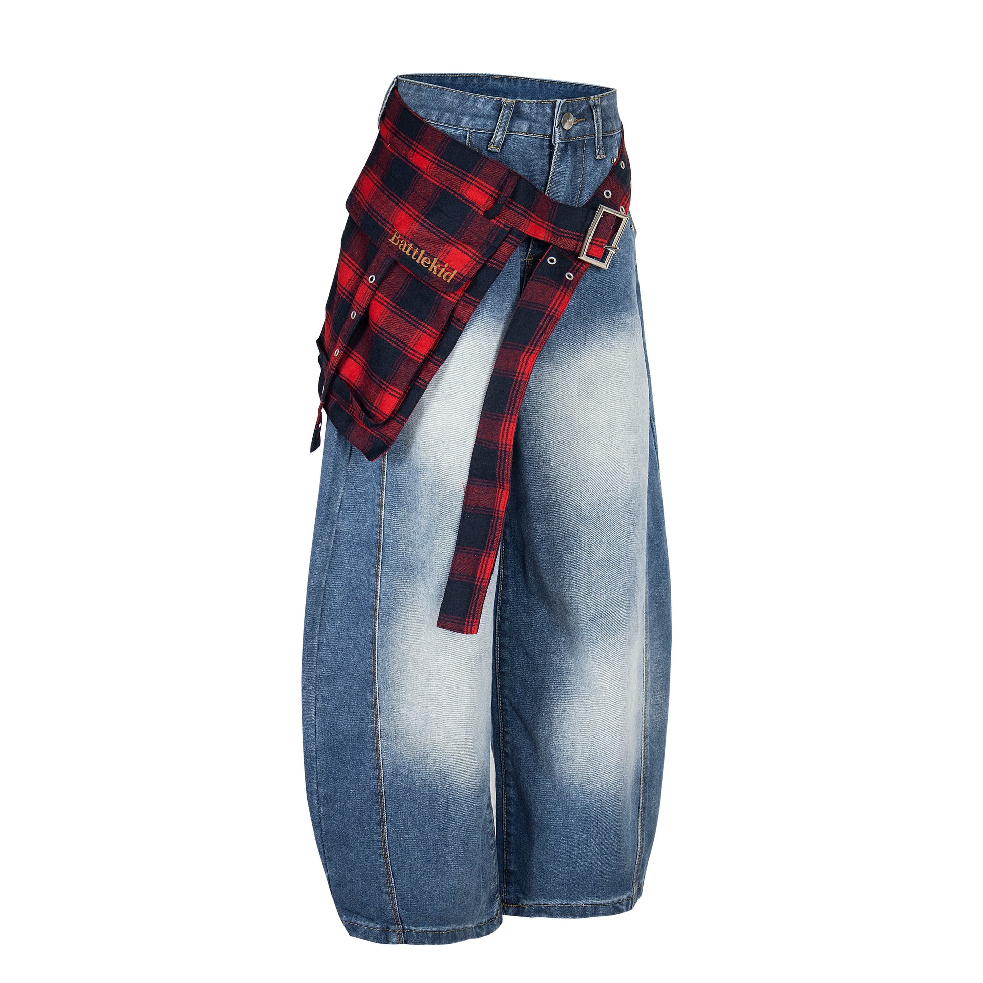 Plaid Reign | Wide-Leg Denim Trousers with Flannel Accent - Luxuryurbanwear