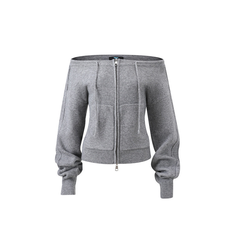 Offtrack Zip | Off-Shoulder Knit Hoodie - Luxuryurbanwear