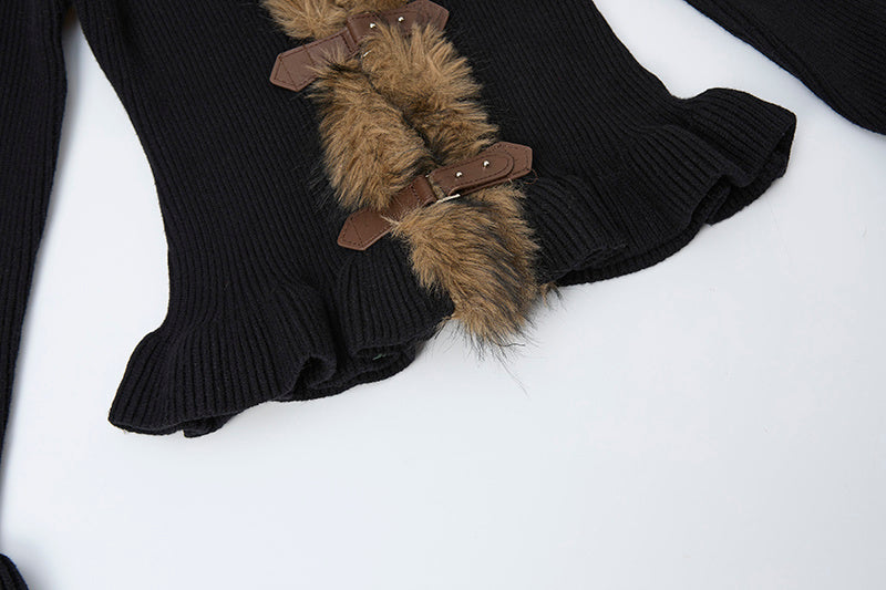Buckled Fur | Knit Cardigan with Faux Trim - Luxuryurbanwear