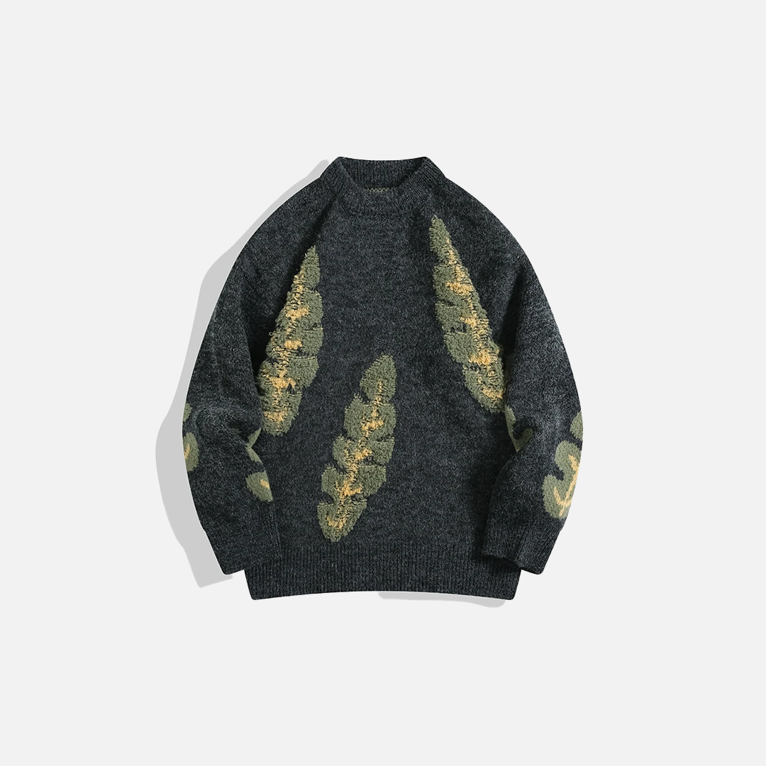 Y2K Japanese Style Leaf Jacquard O-Neck Sweater - Luxuryurbanwear