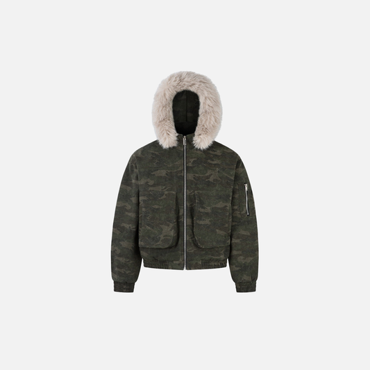 Winter Camouflage Fur Collar Hooded Jacket - Luxuryurbanwear