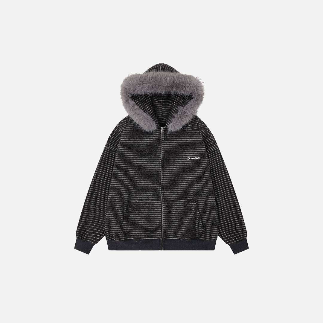 European Style Striped Loose Faux Fur Hooded Sweatshirt - Luxuryurbanwear