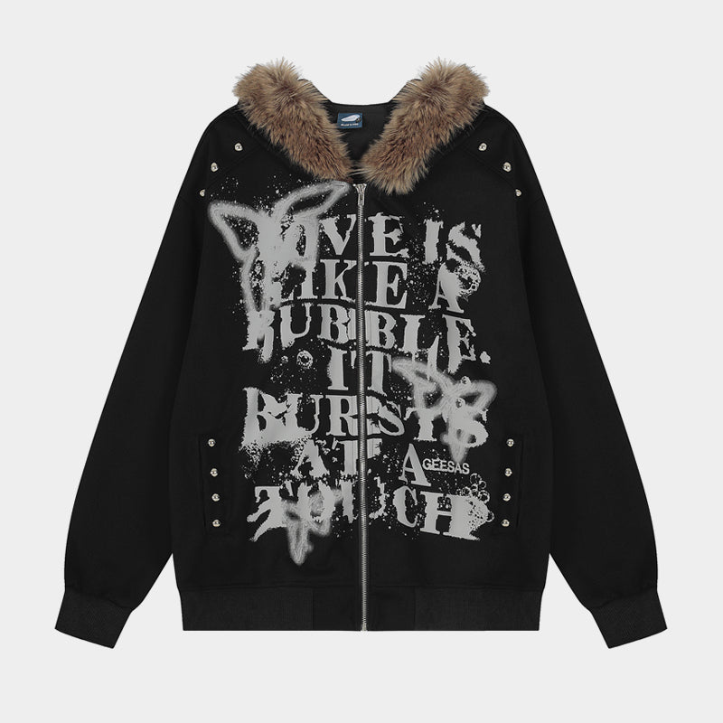 Graffiti Print Faux Fur | Zip Up Hoodie - Luxuryurbanwear
