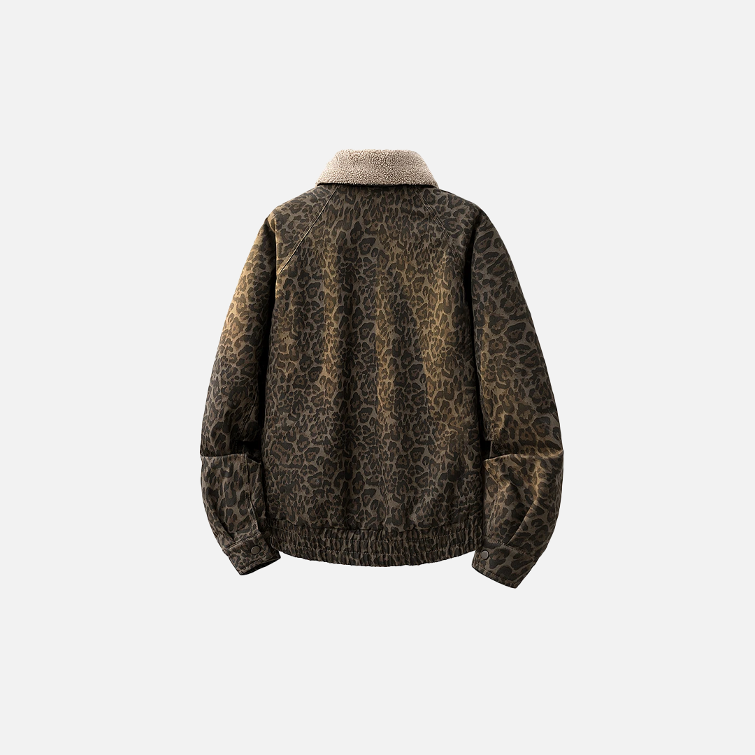 Thick Warm Leopard Print Fleece Fur Collar Jacket - Luxuryurbanwear