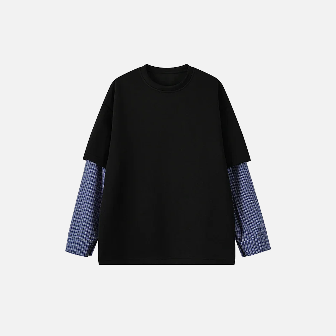Blue Plaid Fake Two-Piece Long Sleeve T-Shirt - Luxuryurbanwear