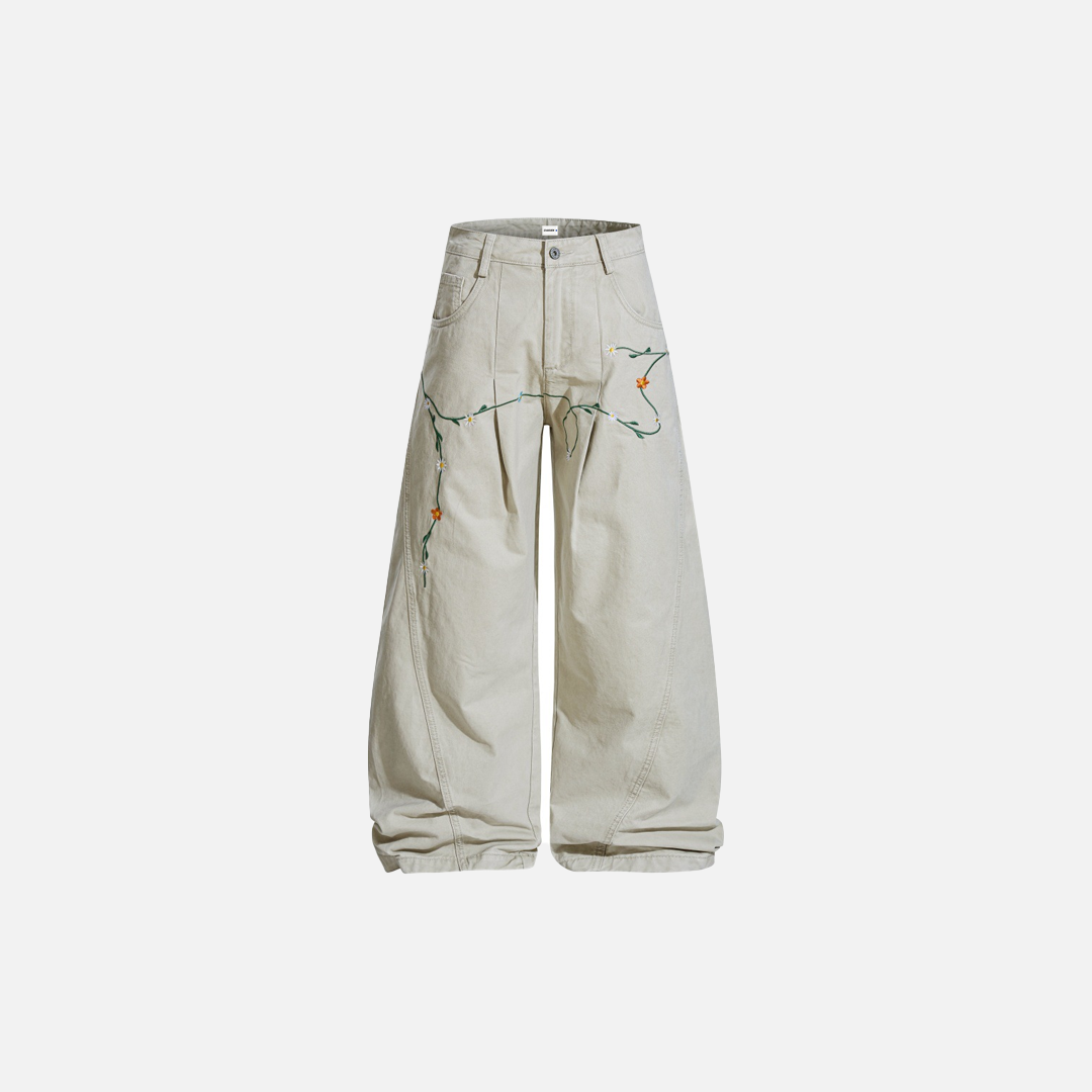 Y2K Luxury Floral Embroidered Wide-Leg Jeans - Luxuryurbanwear