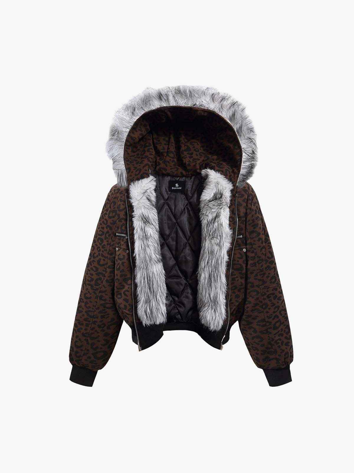 Retro Faux Fur Trimmed Hood Leopard Print Bomber Jacket
