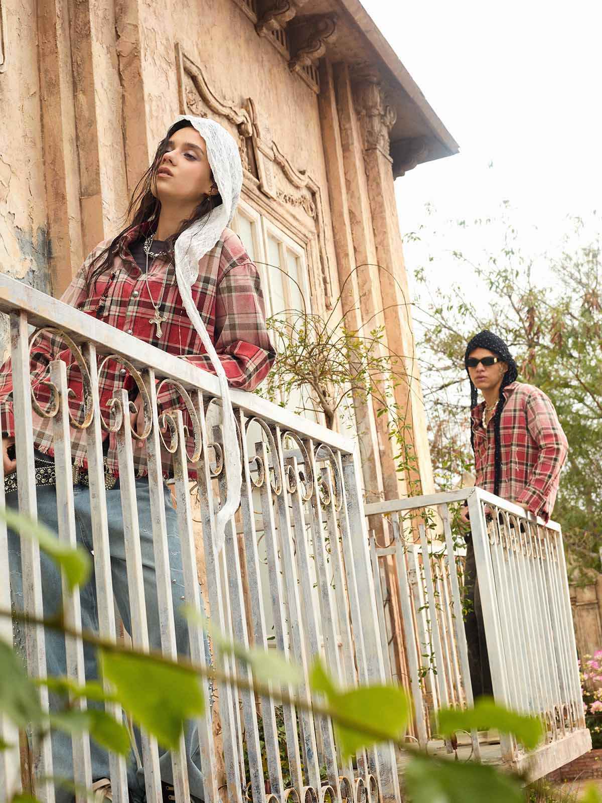 Paint Splatter Plaid Frayed Hem Button Up Shirt