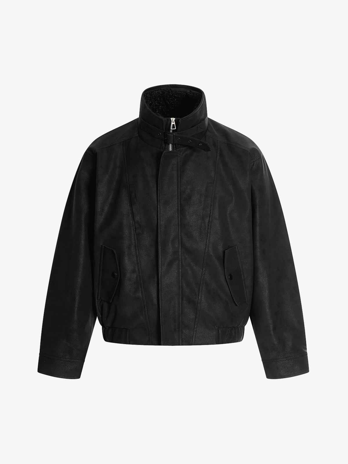 Vintage Faux Fur Collar Patchwork PU Leather Zip Up Jacket