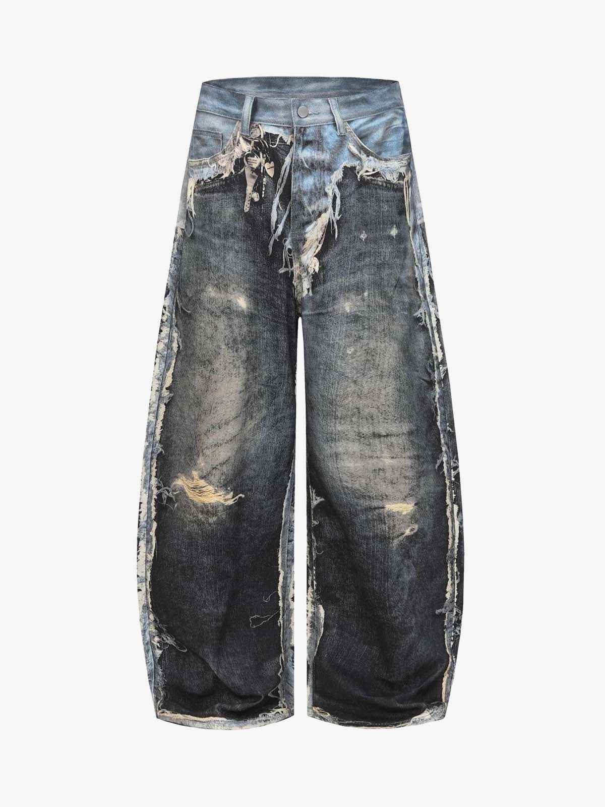 Distressed Patchwork Wide Leg Washed Denim Jeans