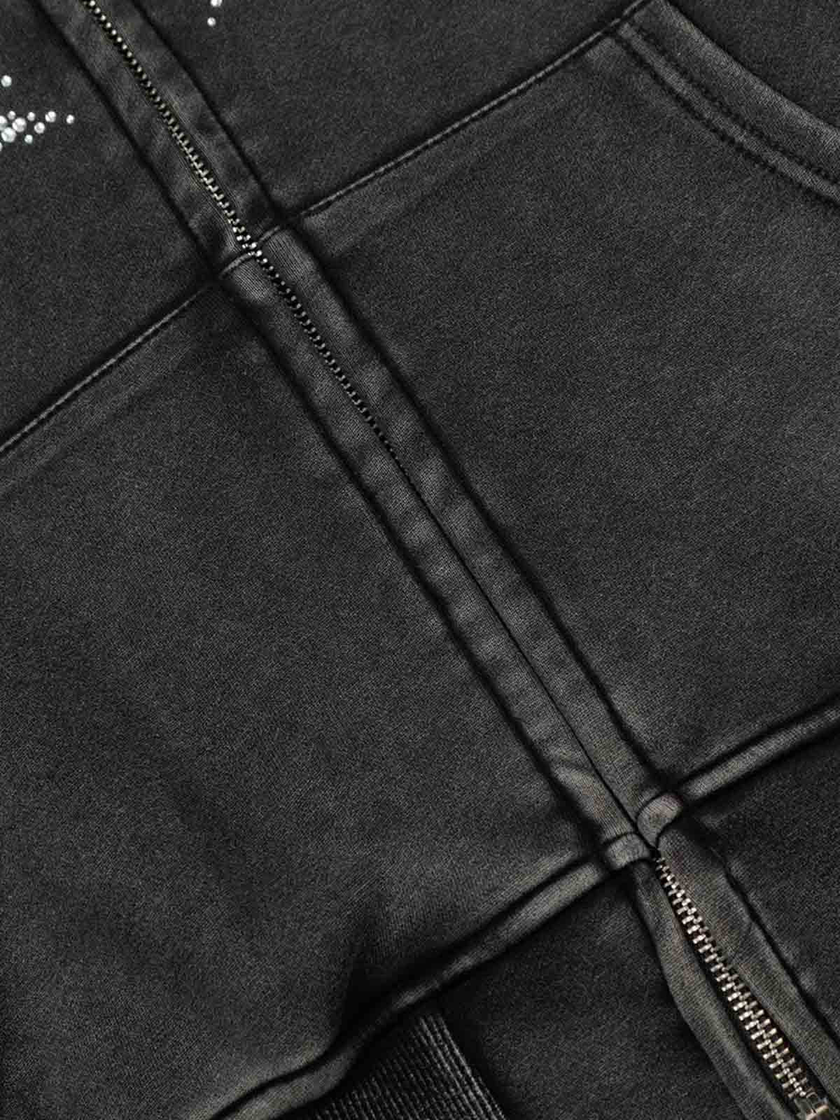 Vintage Washed Symmetrical Star Rhinestone Zip-Up Hoodie - Luxuryurbanwear
