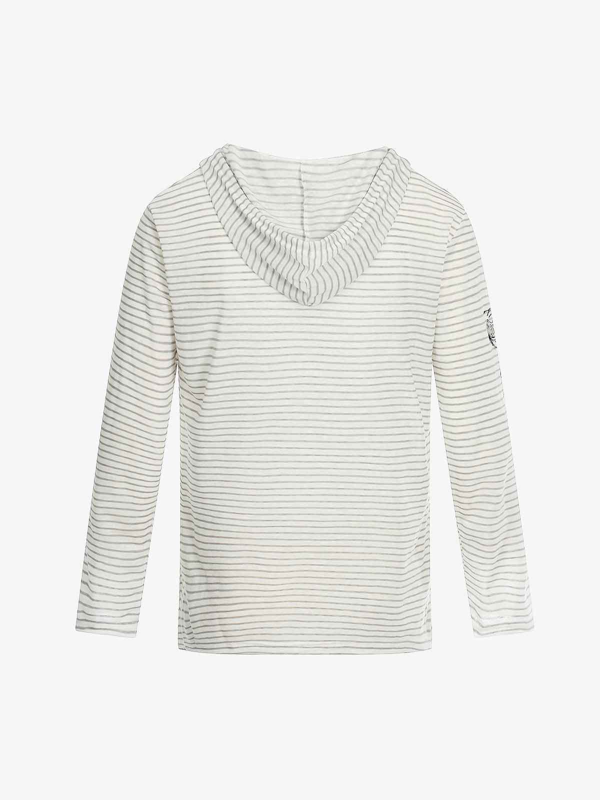 Graphic Print and V-Neck Striped Long Sleeve Hooded T-Shirt
