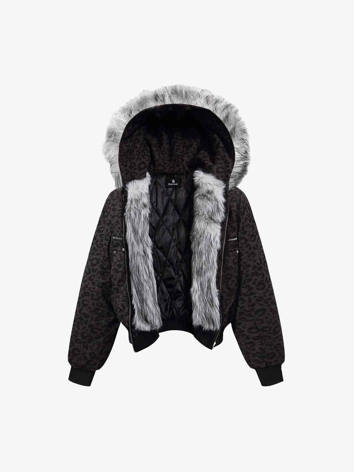 Retro Faux Fur Trimmed Hood Leopard Print Bomber Jacket