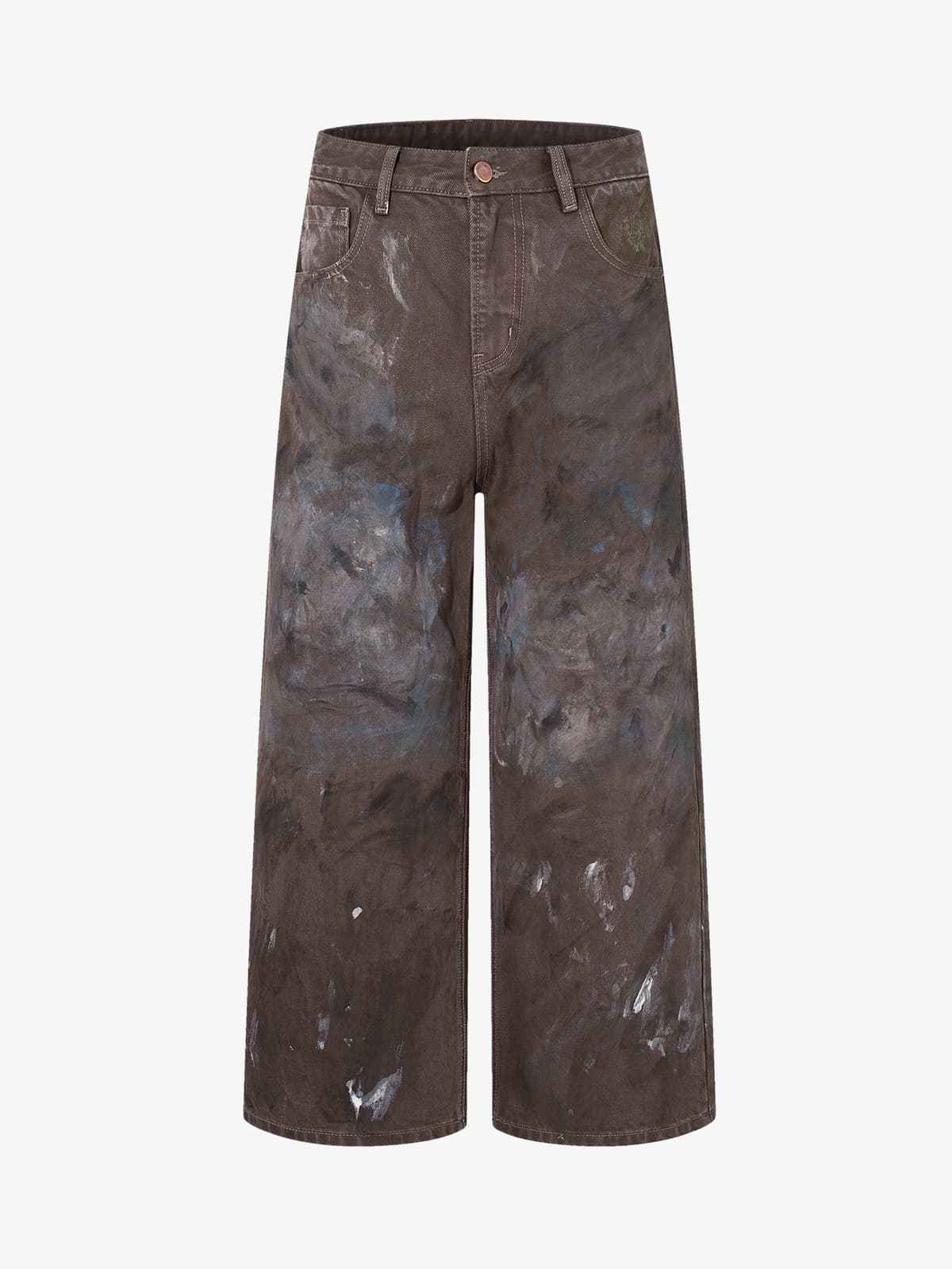 Retro Graffiti Painted Distressed Wide-Leg Jeans