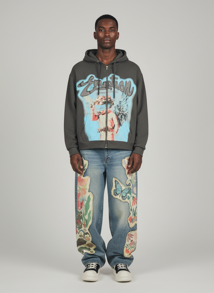 Vintage Blindfolded Angel Rhinestone Zip-Up Hoodie - Luxuryurbanwear