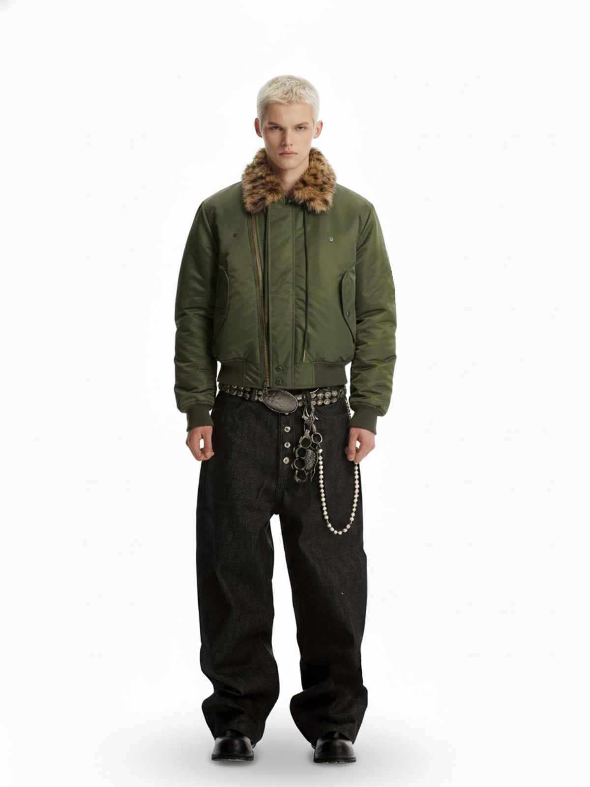 Retro Leopard Fur Collar Asymmetrical Zip Padded Jacket