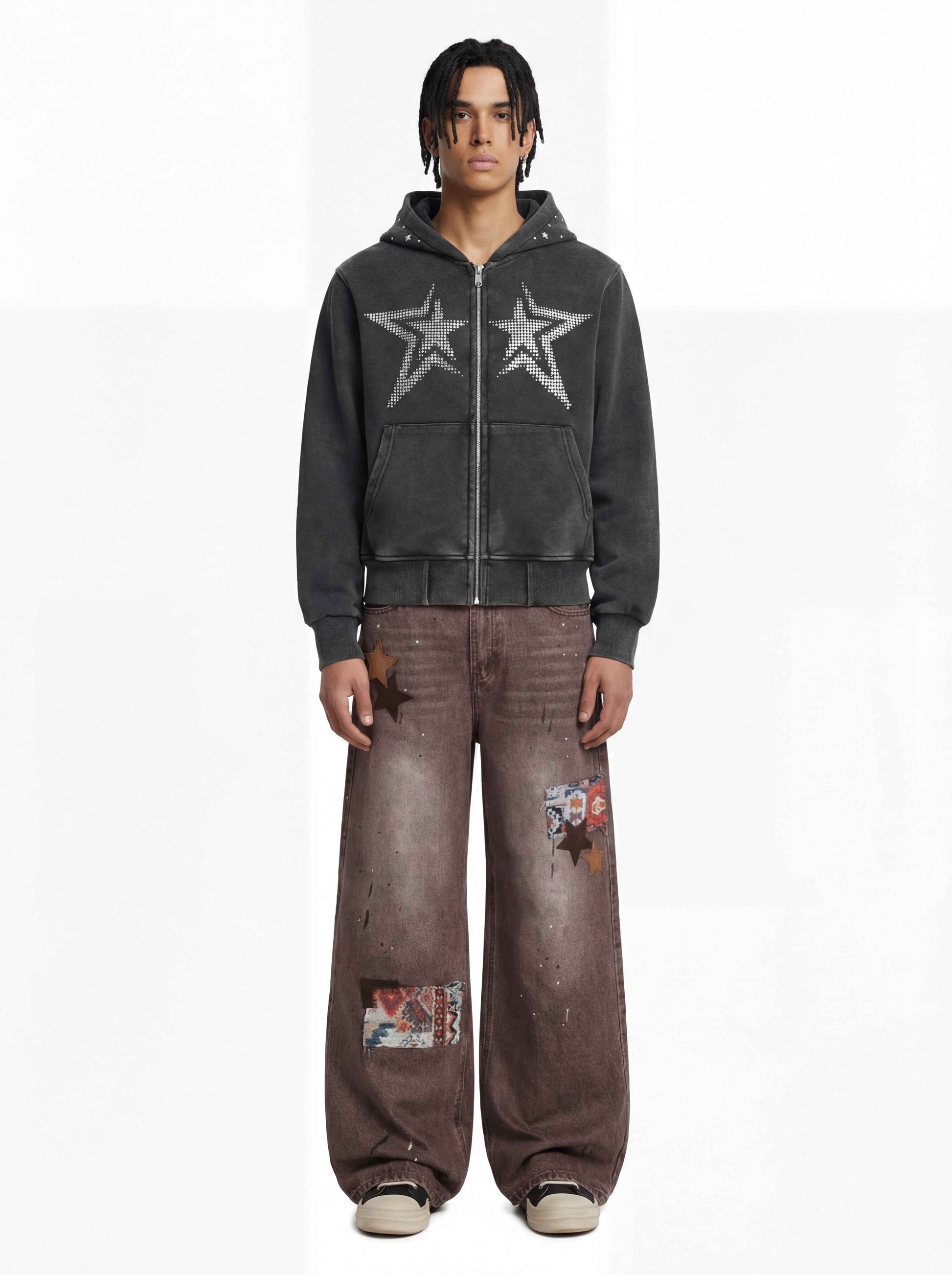 Retro Patchwork Washed Wide Leg Denim Jeans