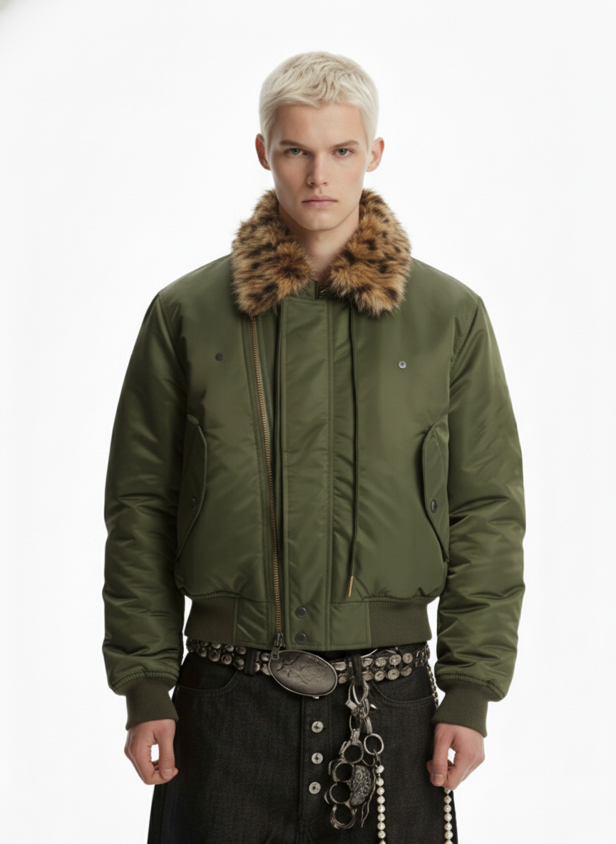 Retro Leopard Fur Collar Asymmetrical Zip Padded Jacket - Luxuryurbanwear