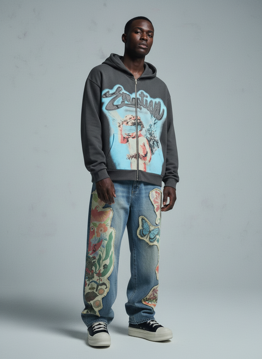 Vintage Blindfolded Angel Rhinestone Zip-Up Hoodie - Luxuryurbanwear