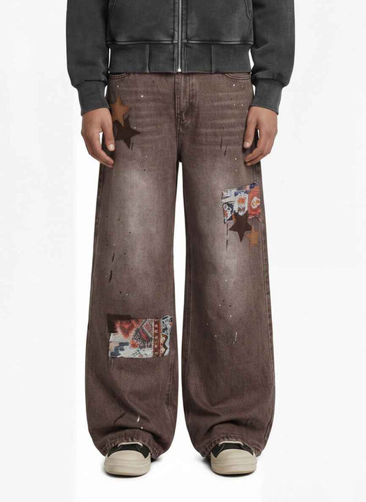 Retro Patchwork Washed Wide Leg Denim Jeans