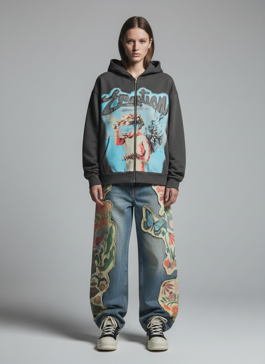 Vintage Blindfolded Angel Rhinestone Zip-Up Hoodie - Luxuryurbanwear